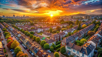 London Sunrise: Aerial View of Residential Neighborhood - Stock Photo