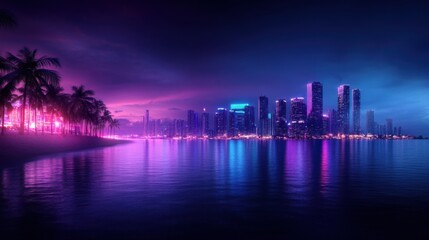 Obraz premium Neon Cityscape at Dusk with Palm Trees and Reflections on Calm Water in a Vibrant Urban Environment