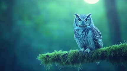 Wise Old Owl Perched on Moss-Covered Branch in Dense Forest with Soft Lighting and Mystical Atmosphere