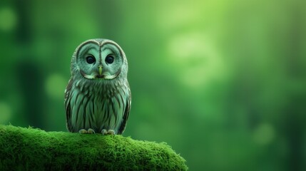 Wise Old Owl Perched on Moss-Covered Branch in Dense Forest with Soft Green Hue and Gentle Light, Capturing Nature's Tranquility, Ideal for Wildlife and Nature-Themed Designs