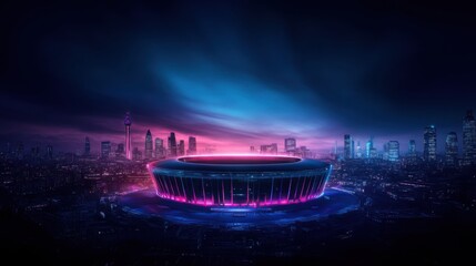 Obraz premium A Futuristic Stadium Surrounded by a Vibrant City at Night with Striking Purple and Blue Lights