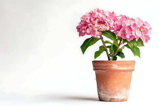 pink hydrangea plant in a terracotta pot isolated on white background