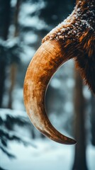 Close-up of a mammoth tusk in a snowy forest setting.