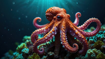 Obraz premium Octopus on coral reef in underwater scene.