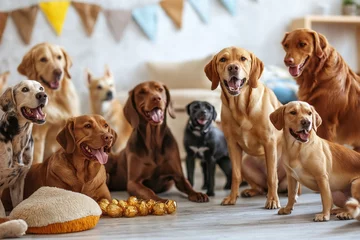 Happy dogs celebrate together in a joyful gathering against a soft blue backdrop for New Year\'s Eve
