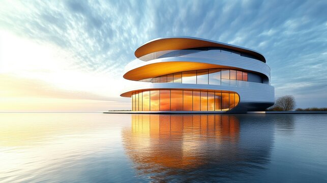 A 3D render of a modern building structure composed of metallic blocks, featuring a reflective wall design that exemplifies contemporary architectural concepts and innovation.