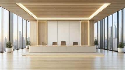 Fototapeta premium A soft-focus image of an office interior, with an abstract blurred effect, ideal for use as a background in business presentations or corporate concept visuals.