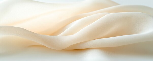 Fototapeta premium Closeup view of soft cream-colored Tencel fabric draped over table. Fabric shows smooth texture, subtle light reflections luxurious finish. Natural light drape, folds in fabric. Sustainable material