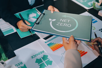 Carbon offset price report CO2 emission. Future growth Net zero waste in ESG ethical SME office...
