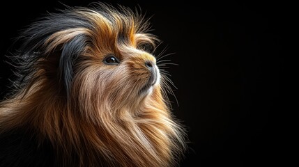 Naklejka premium A close-up portrait of a fluffy dog with striking fur against a dark background.