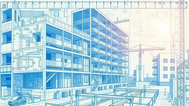 A blue print photo effect displaying a technical drawing of a building, perfect for architectural design projects, digital art, blueprint pattern, engineering