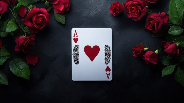 Elegant Ace of Hearts Playing Card Surrounded by Roses and Dark Background for Romantic Themes