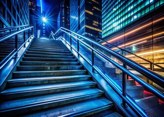 Long Exposure City Stairs, New York City Night Lights, Urban Architecture, Staircase Photography
