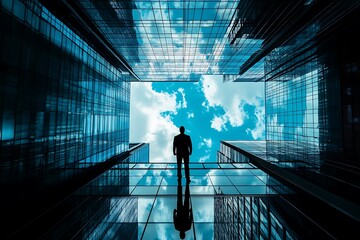 Obraz premium Businessman on a glass rooftop, looking at the sky. Concept of leadership, ambition, and success.