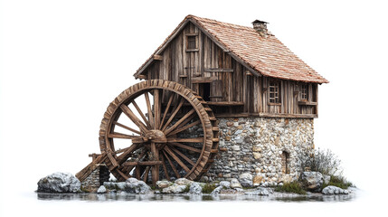 Obraz premium Old wooden stone water mill wheel isolated on white background. vintage traditional countryside village building, river wind power energy rural retro turbine, agriculture industry creek house.