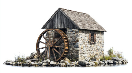 Obraz premium Old wooden stone water mill wheel isolated on white background. vintage traditional countryside village building, river wind power energy rural retro turbine, agriculture industry creek house.