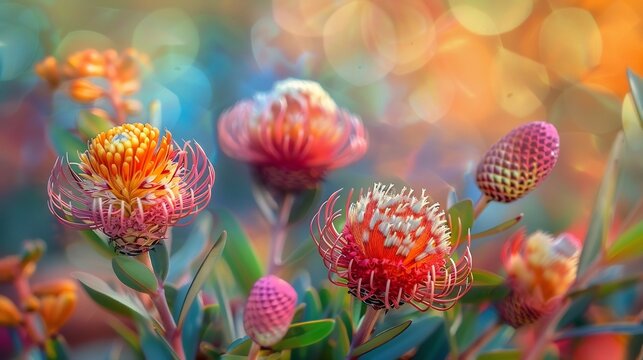 Vibrant Leucospermum Flowers in a Garden