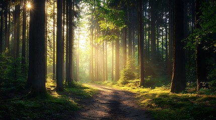 Obraz premium Sunbeams illuminate a path through a misty, green forest at dawn.