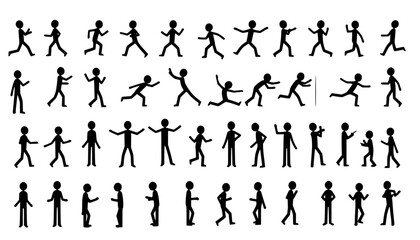 Stickman icons. Stick figures black silhouettes showing various poses and gestures, running, meditating and jumping. Ideal for infographics, design and app interfaces. Minimalist vector illustration