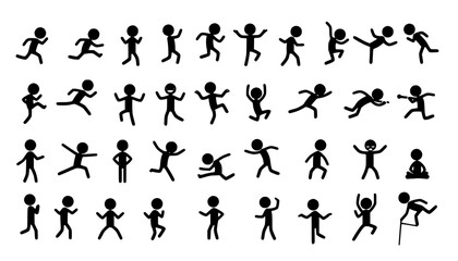 Naklejka premium Stickman icons. Stick figures black silhouettes showing various poses and gestures, running, meditating and jumping. Ideal for infographics, design and app interfaces. Minimalist vector illustration