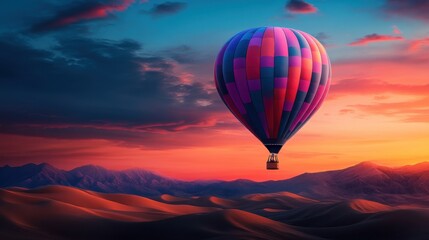 Fototapeta premium Colorful Hot Air Balloon Soaring Above Vibrant Desert Landscape at Sunset with Stunning Cloudy Sky