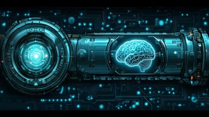 Obraz premium An AI concept visual with a digital brain and human head outline, both formed by circuit board structures and connected on a dark blue background, emphasizing the advanced nature of artificial