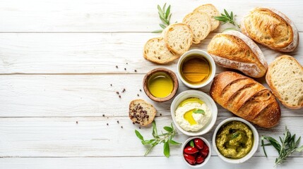 Fresh bread, olive oil, dips, and herbs on white wood.