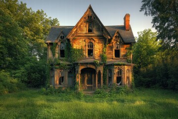 Obraz premium Abandoned Victorian House Surrounded by Overgrown Vegetation in Soft Golden Light Capturing Eerie Beauty of Decay and Nature's Reclamation of Historic Architecture