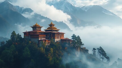 Obraz premium Tranquil Monastery Nestled in High Mountains With Misty Background