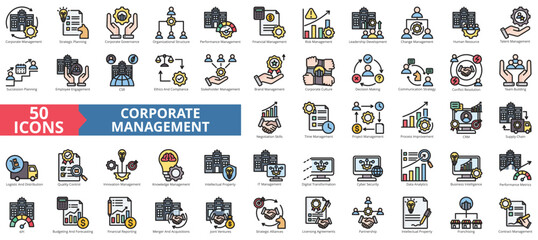 Naklejka premium Corporate management icon collection set. Containing business, financial, process, team building, project, innovation, brand icon. Simple flat outline vector illustration