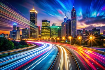 Obraz premium Long Exposure Light Trails Advice Banner Background - Glowing Cityscape