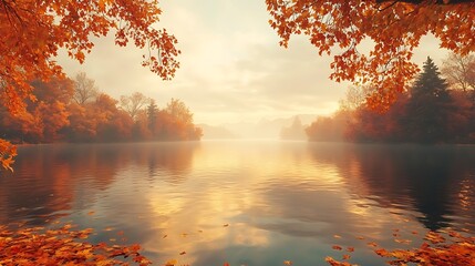 Serene Autumn Lake Surrounded by Colorful Foliage at Dusk