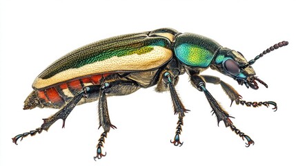 Naklejka premium Colorful Macro Photograph of a Metallic Beetle with Unique Patterns and Features on a Light Background for Educational and Scientific Use