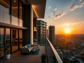 A modern and luxurious apartment in a high-rise condo building illuminated by the evening sun, showcasing its elegant design and spacious balcony, high-rise, illuminated