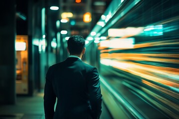 Obraz premium Businessman walking towards the future. Concept of progress, leadership, and ambition.