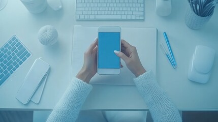 Woman's hands holding smartphone with blank screen at desk.