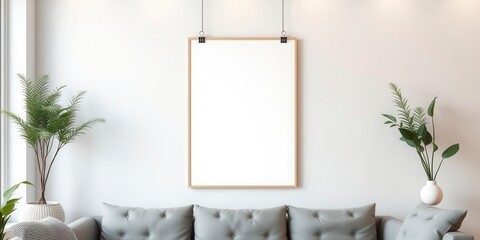 A realistic poster mockup hanging on clips in a modern home interior, home, minimalist
