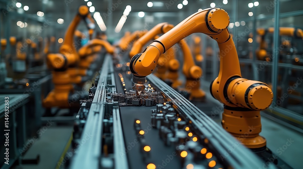 Poster automated production line with robotic arms assembling parts. precision, efficiency key. modern manu