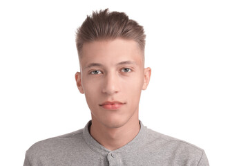 Fototapeta premium Handsome young man with stylish haircut on white background
