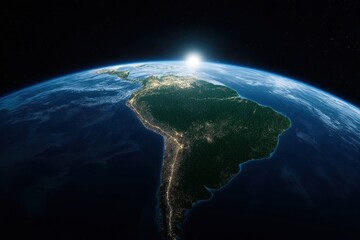 South America seen from space with sunrise. Massive forest cover, city lights visible. Sunrise highlights continent diverse landscapes. Eco, urban areas stand out in amazing view. Photo shows