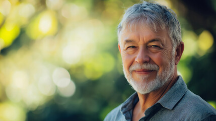 Portrait of smiling senior man enjoying sunny day in park.  Ideal for promotions with space for text or ads
