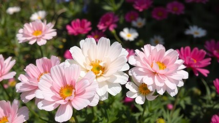 Obraz premium Beautiful pink and white ranunculus flowers in full bloom on a sunny day, petals, white, garden