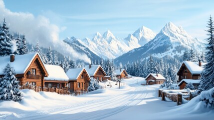 Fototapeta premium Serene Winter Village Surrounded by Majestic Mountains Under a Clear Blue Sky and Fresh Snow