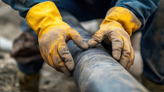Expert plumber inspects pipe relining. Tech team checks pipeline installation. Eco friendly solution for water system. Modern tech improves plumbing. Renovation work on water infrastructure. Drainage