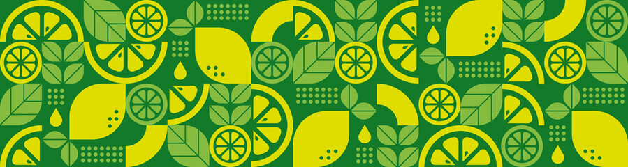 Lemons. Abstract geometric seamless pattern with citrus fruits, leaves and slices.Set of icons in simple flat style. Elements isolated on a white background. Organic food. Vector illustration.