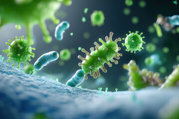 Fototapeta premium Microscopic View of Colorful Bacteria and Viruses with Vivid Green Colors Under Lab Conditions Illustrating Microbiology Research Concepts