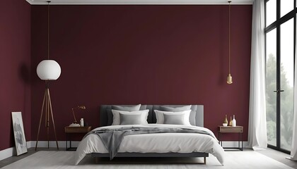 Modern Bedroom Design with Burgundy Wall and White Bedding