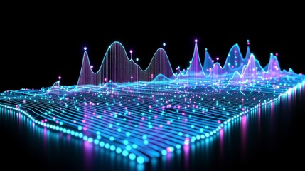 Blue and purple wave equalizer lines illustrating AI and deep learning, with neural networks connecting data points, showcasing the powerful capabilities of artificial intelligence.