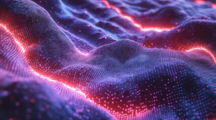 Digital illustration of artificial intelligence, deep learning, and neural networks, with wave equalizer effects in blue and purple, capturing the futuristic essence of AI technology.