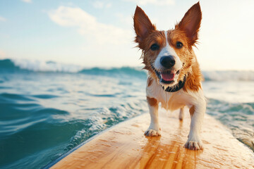 A joyful dog is riding a surfboard on ocean waves during a sunny day, radiating happiness and courage, embracing the thrill and excitement of a water adventure.